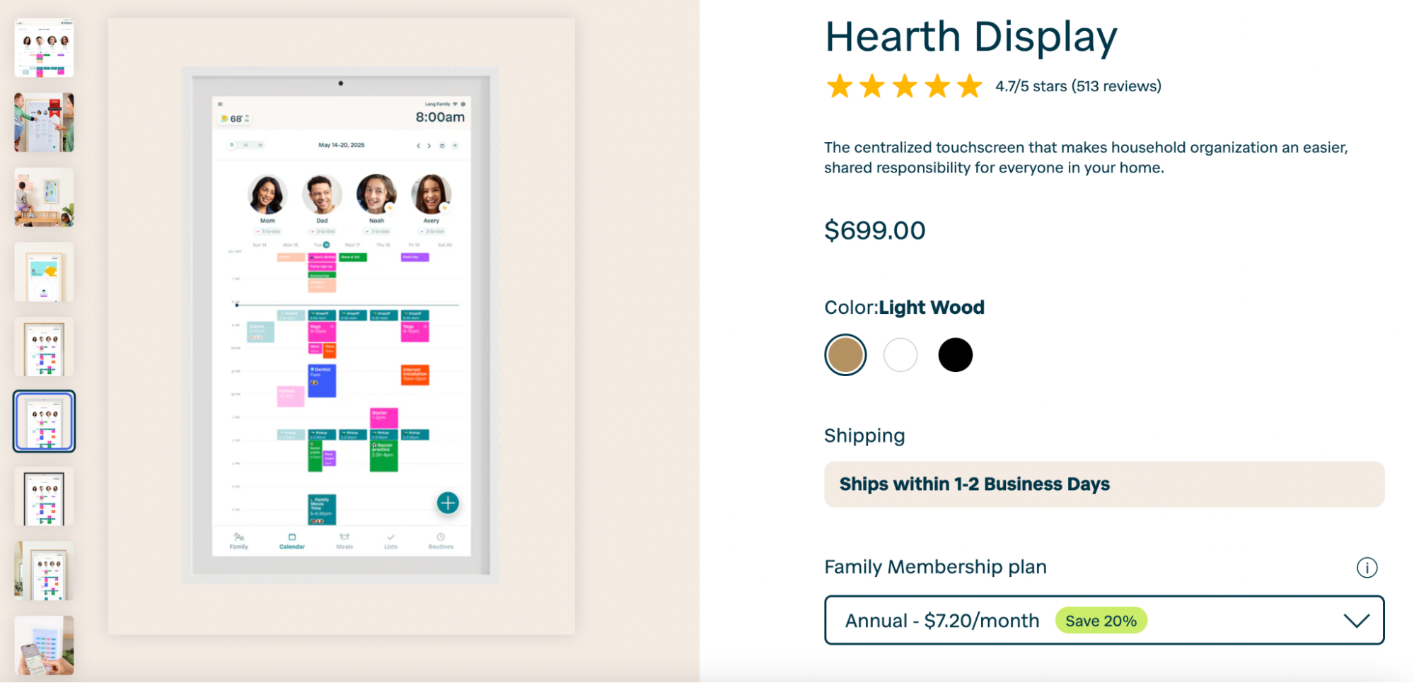 A wall-mounted Hearth Display in a light wood frame shows a color-coded family calendar with profiles, tasks, and daily events.
