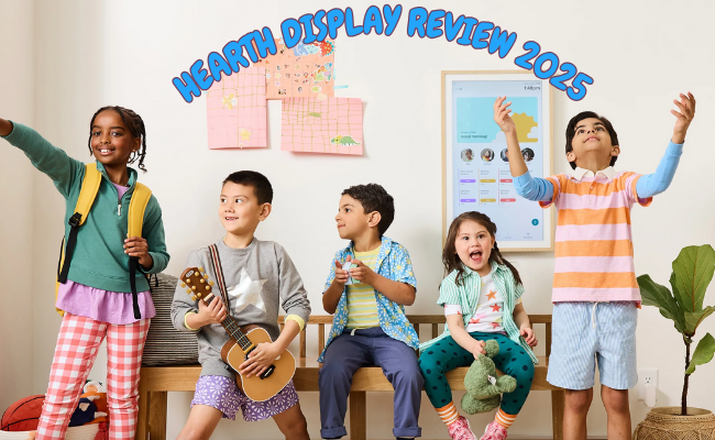 Five children interact joyfully in front of a wall-mounted Hearth Display, highlighting its family-friendly calendar features in a 2025 review setting.