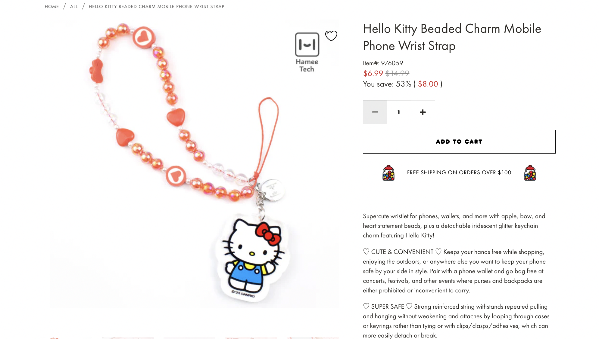 A kawaii-style phone wrist strap featuring shiny red heart and pearl-like beads, complete with a detachable Hello Kitty charm in a blue outfit and red bow. This playful accessory is designed for easy attachment to phones, wallets, or bags and offers both cuteness and convenience for on-the-go use.