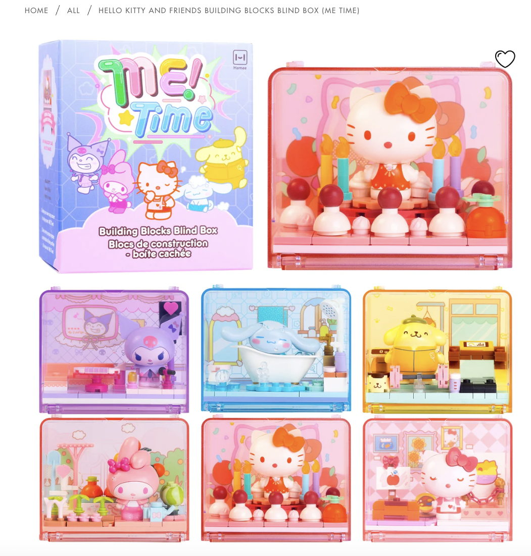 Display of the “Me Time” Hello Kitty and Friends Building Blocks Blind Box series featuring mini dioramas of Hello Kitty, Kuromi, Cinnamoroll, My Melody, and Pompompurin enjoying self-care activities in colorful themed rooms.