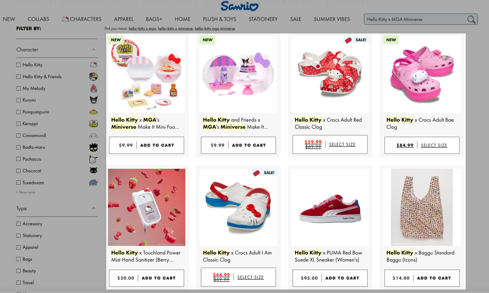 Sanrio product page featuring Hello Kitty collaborations including MGA’s Miniverse mini food kits, Crocs clogs, Touchland hand sanitizer, PUMA suede sneakers, and a Baggu reusable bag with Hello Kitty icon prints.