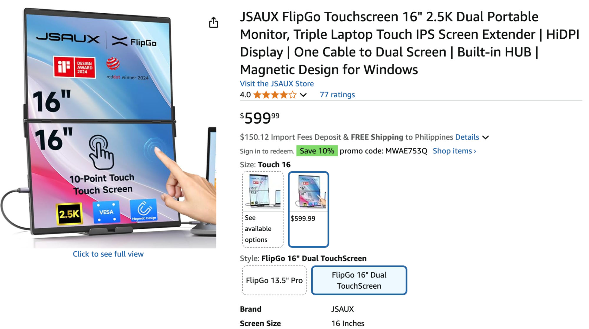 JSAUX FlipGo 16-inch 2.5K touchscreen dual portable monitor features a 10-point touch IPS display, built-in hub, VESA support, and magnetic stacking design for Windows laptops.