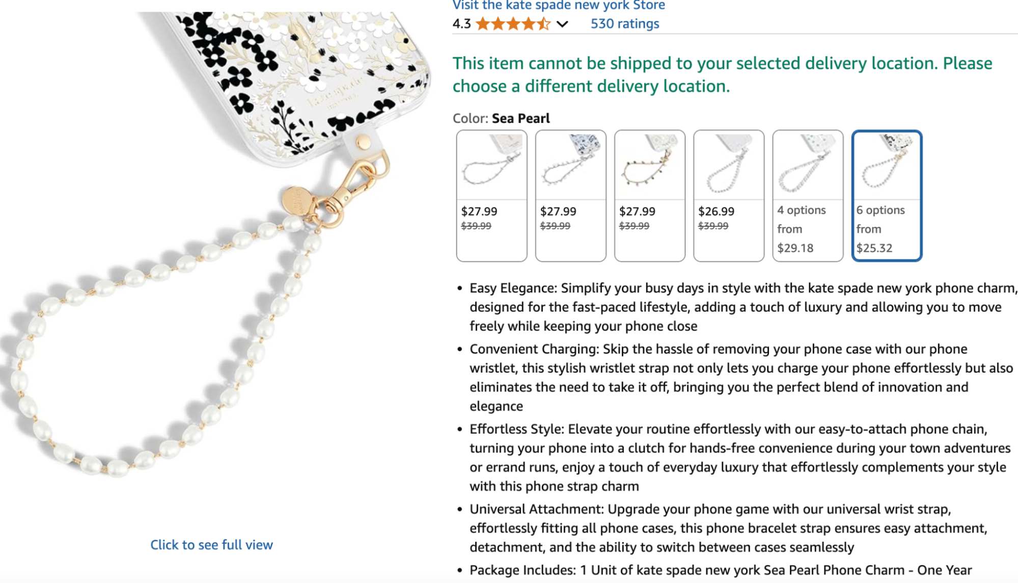 A luxurious pearl-beaded phone wristlet from Kate Spade New York, featuring gold-tone hardware and a floral phone case attachment. The Sea Pearl charm offers a stylish and functional way to carry your phone while maintaining charging access and everyday elegance.