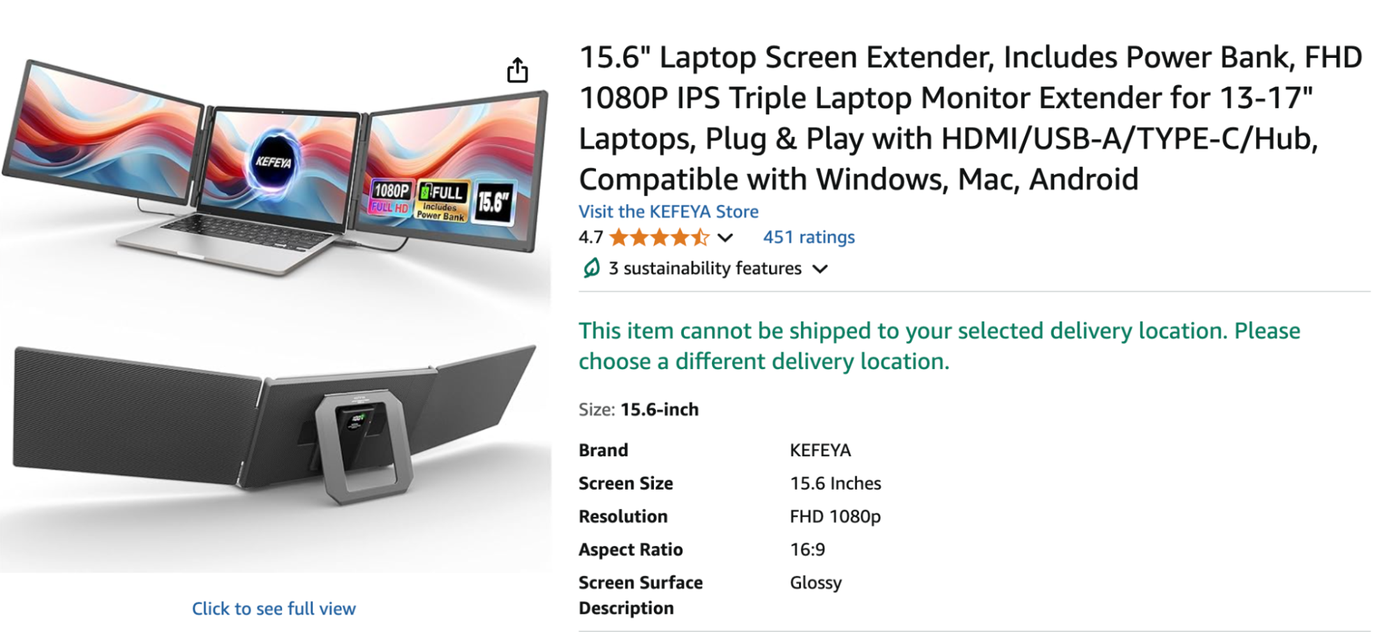 KEFEYA’s 15.6-inch FHD 1080P IPS triple laptop screen extender includes a built-in power bank and foldable dual monitors compatible with HDMI, USB-A, and Type-C for 13"–17" laptops.