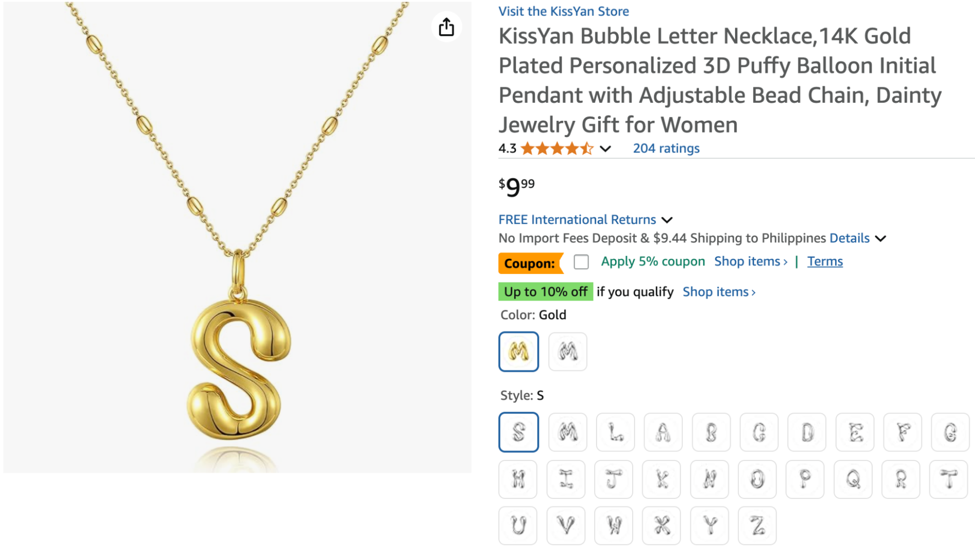 A gold-plated KissYan bubble letter necklace featuring a 3D puffy "S" initial pendant on an adjustable beaded chain.