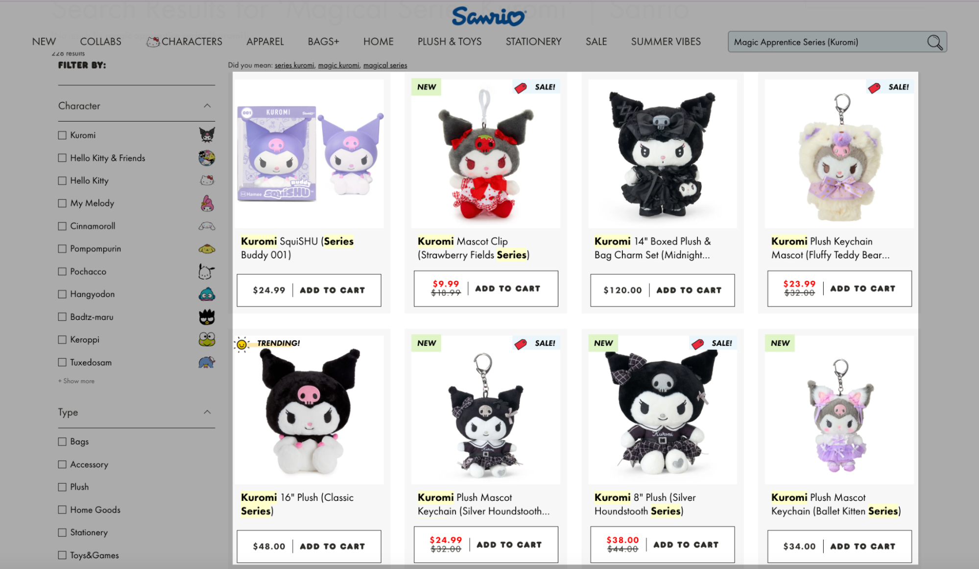 Screenshot of Sanrio’s online store showing various Kuromi plush toys and keychains from different series including SquiSHU, Strawberry Fields, Midnight, Silver Houndstooth, Fluffy Teddy Bear, and Ballet Kitten, with several marked as new or on sale.