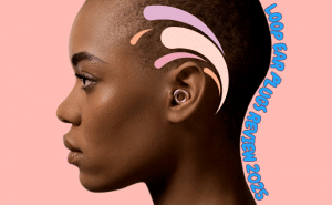 A side profile of a woman wearing Loop ear plugs, accented with colorful sound wave graphics and the title “Loop Ear Plugs Review 2025.”