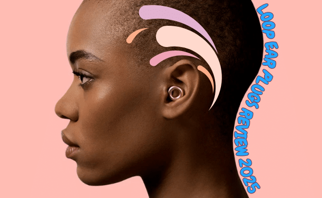 A side profile of a woman wearing Loop ear plugs, accented with colorful sound wave graphics and the title “Loop Ear Plugs Review 2025.”