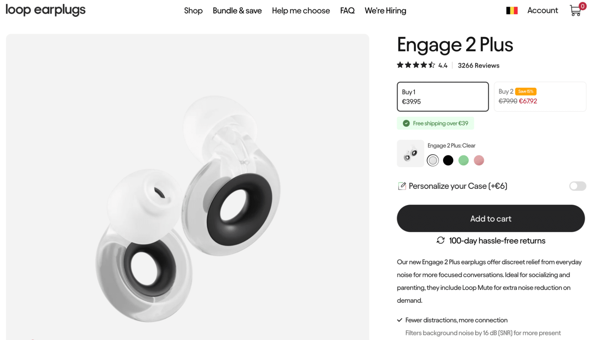 High-resolution product image of Loop Engage 2 Plus earplugs in clear color, featuring their signature circular design and soft silicone tips, designed for reducing background noise and enhancing conversations.