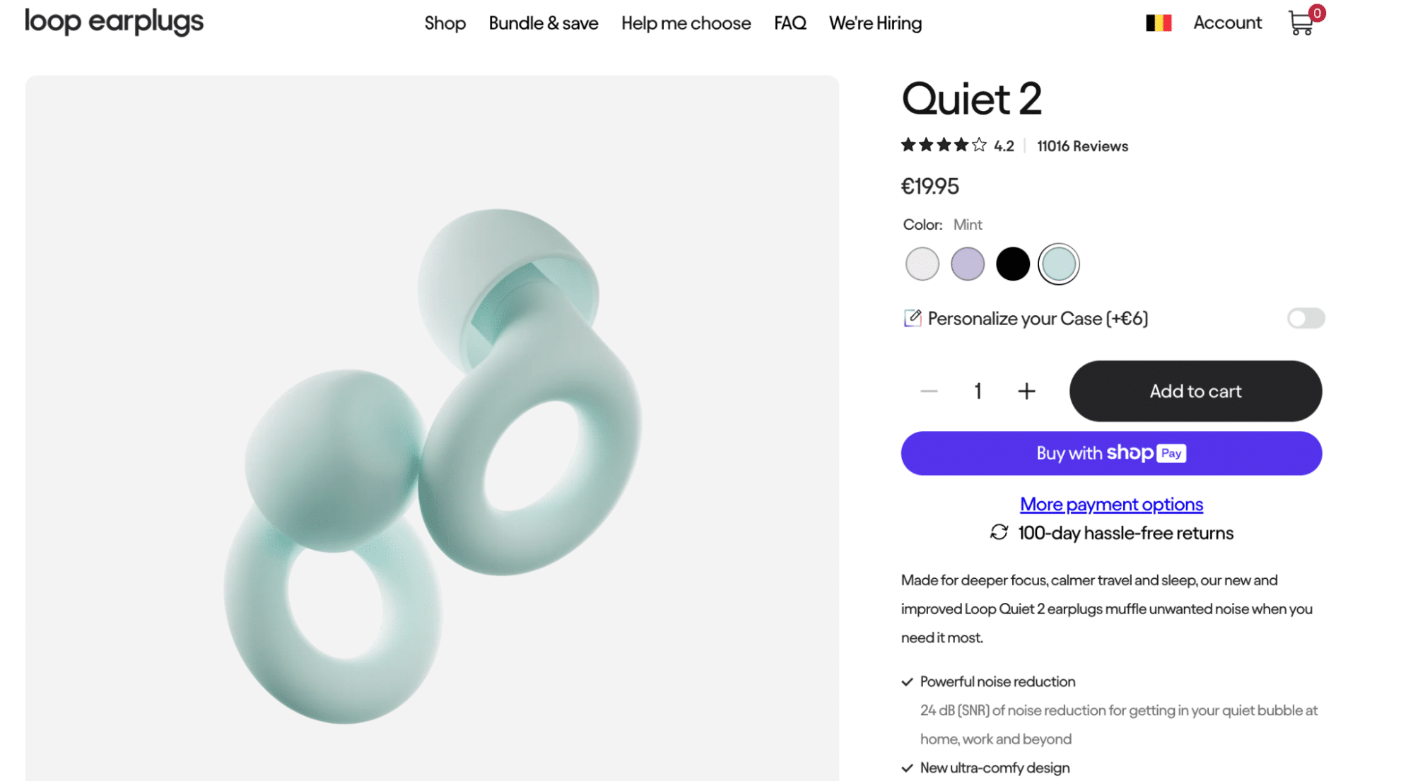 Minimalist product shot of Loop Quiet 2 earplugs in mint color, featuring their signature circular design and soft silicone tips, designed for powerful noise reduction and comfortable sleep or travel use.