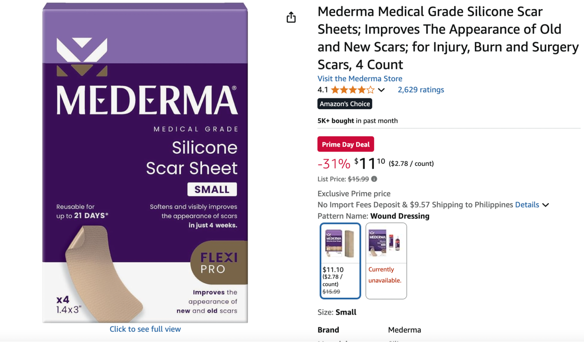 Product listing of Mederma Medical Grade Silicone Scar Sheets on Amazon, designed to improve the appearance of old and new scars.