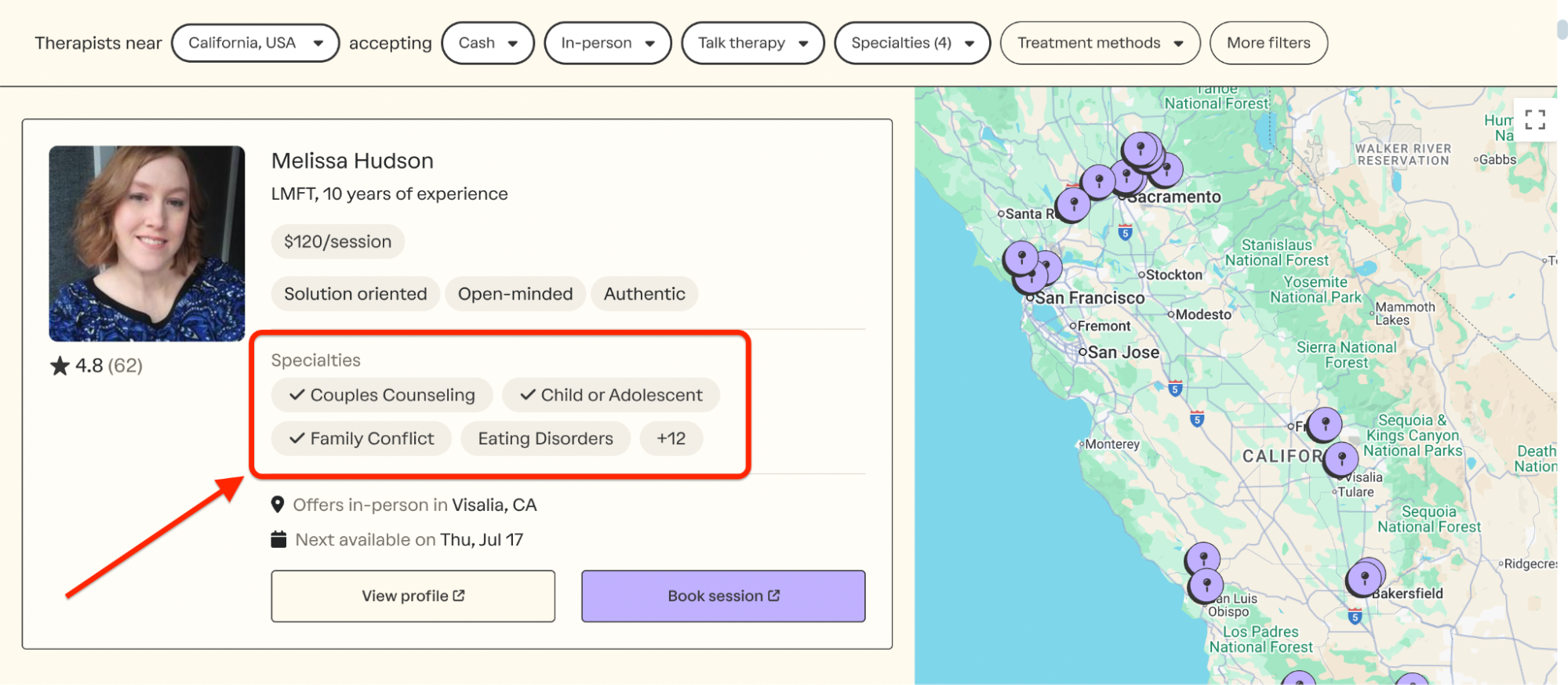 Therapist Melissa Hudson, LMFT with 10 years of experience, offers in-person sessions in Visalia, CA, specializing in Couples Counseling, Child or Adolescent therapy, Family Conflict, and Eating Disorders, with a mapped view of available therapists across California.