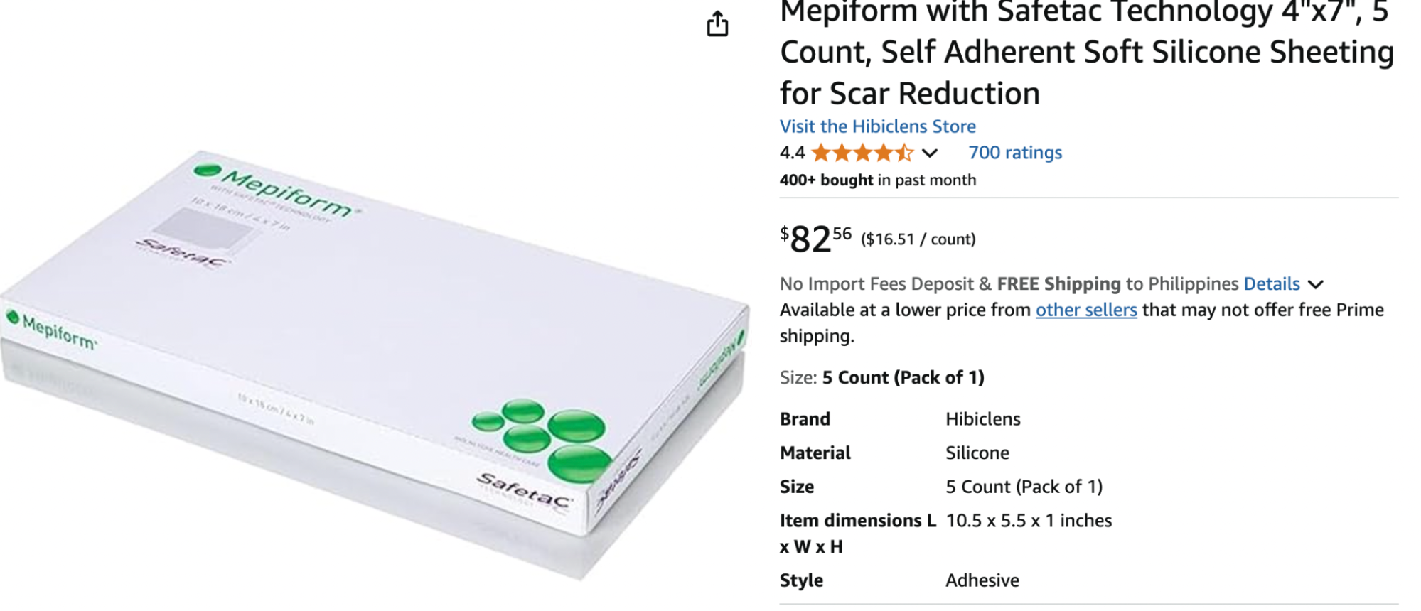 Amazon listing of Mepiform self-adherent silicone scar sheets with Safetac Technology, designed for scar reduction on sensitive skin areas.