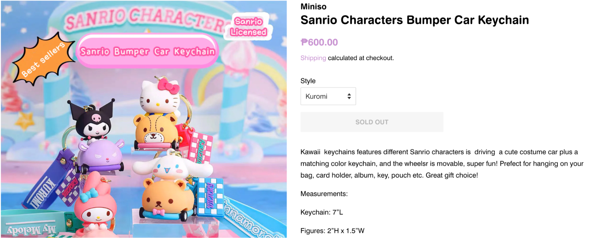 Colorful display of Miniso’s Sanrio Characters Bumper Car Keychains featuring Kuromi, Hello Kitty, Cinnamoroll, and My Melody in miniature cars with matching name tags, labeled as best sellers and currently sold out in Kuromi style.