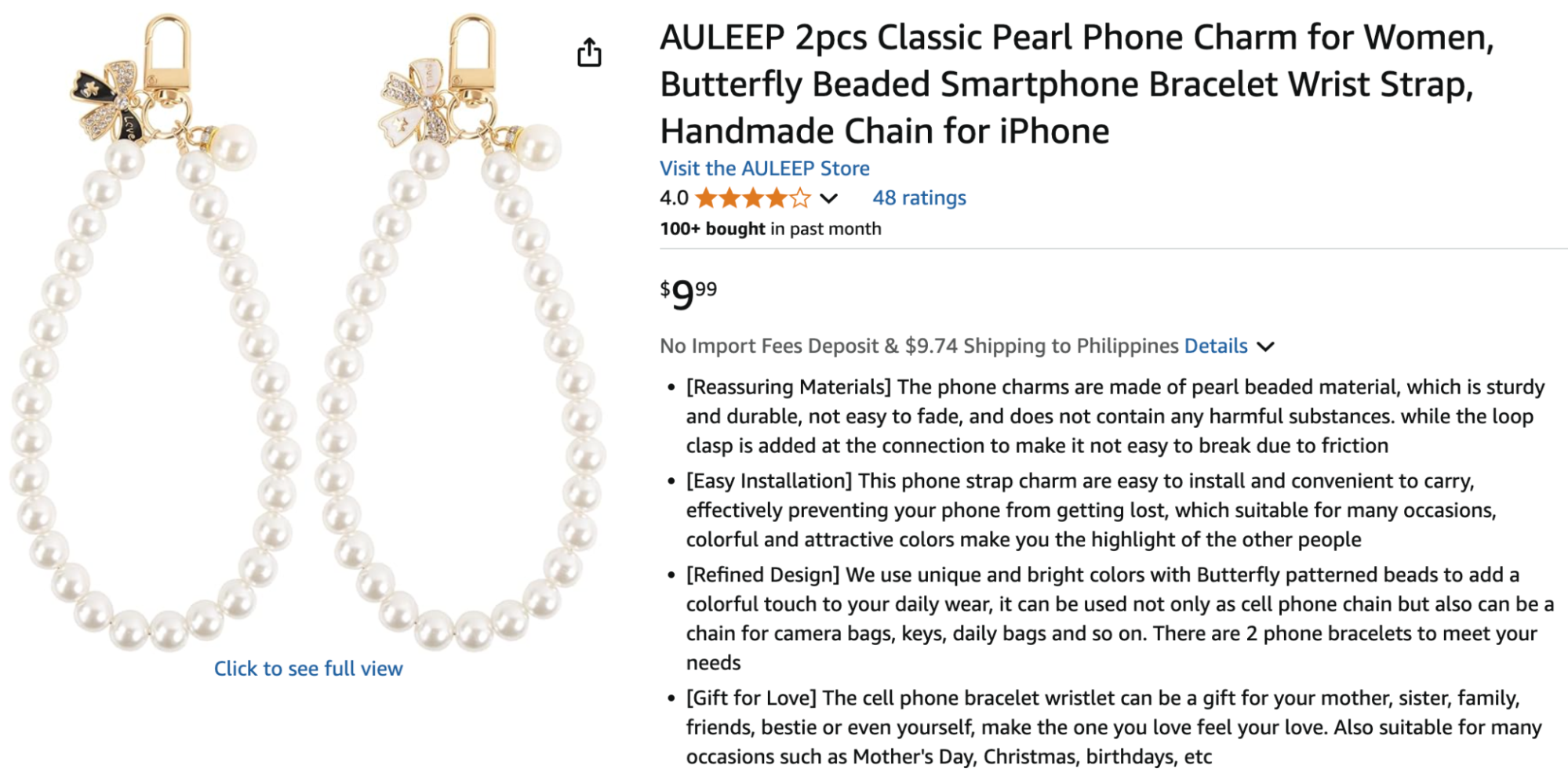 A pair of elegant pearl-beaded phone charms with gold clasps and butterfly pendants, designed as wristlet straps for smartphones. These classic and feminine accessories offer both style and function, perfect for gifting or everyday use.