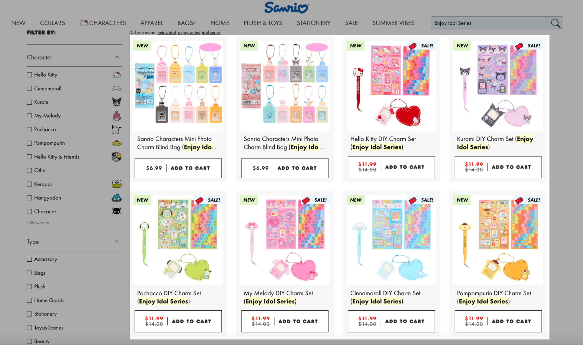 Sanrio online store page showing the Enjoy Idol Series DIY charm sets and mini photo charm blind bags featuring characters like Hello Kitty, Kuromi, Cinnamoroll, My Melody, Pochacco, and Pompompurin, with new arrivals and sale prices highlighted.