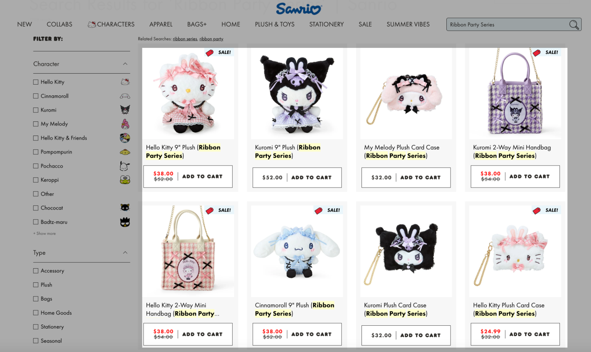 Screenshot of Sanrio’s online store showcasing Ribbon Party Series plush toys, handbags, and card cases featuring characters like Hello Kitty, Kuromi, My Melody, and Cinnamoroll, with sale prices displayed.