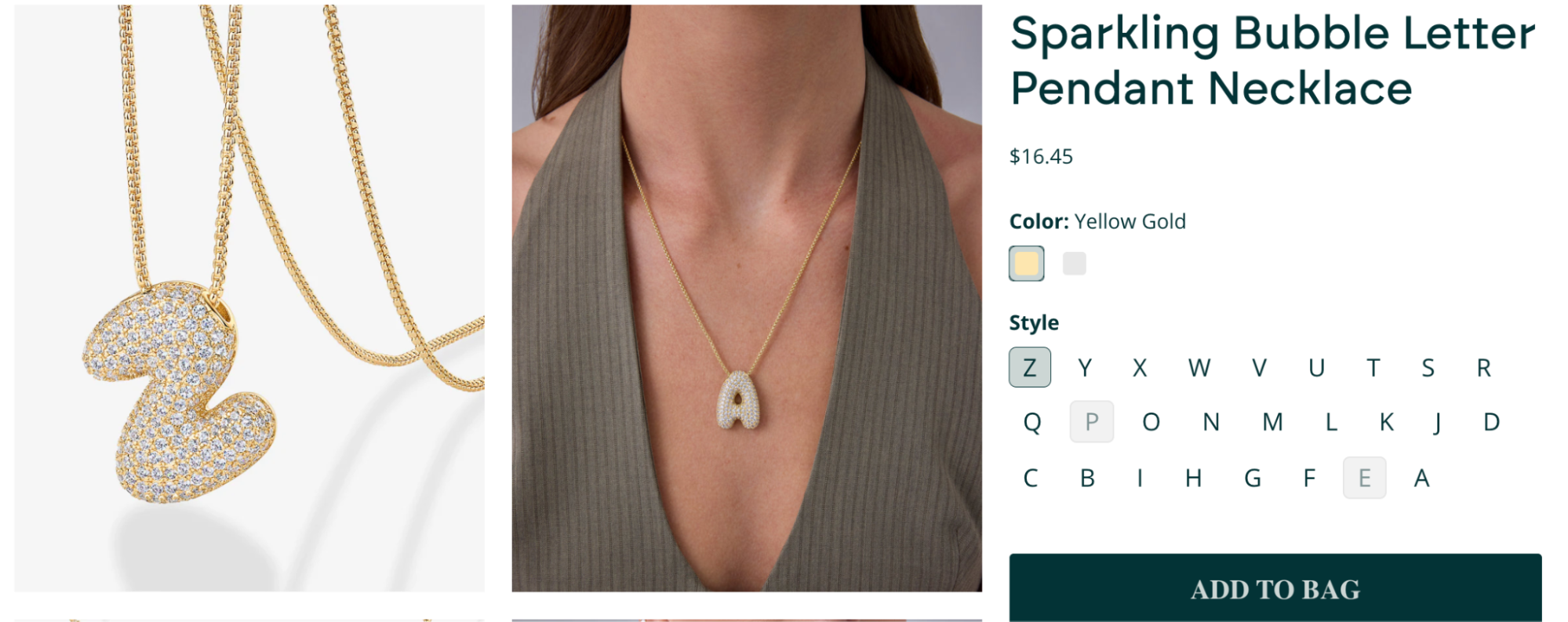 A yellow gold sparkling bubble letter necklace featuring a pavé CZ initial pendant, shown both as a close-up and styled on a model.