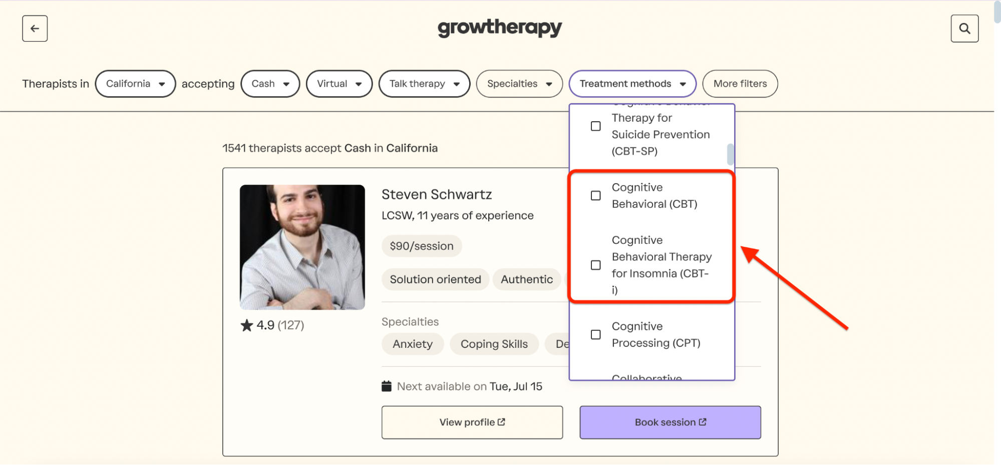 Therapist profile for Steven Schwartz, a solution-oriented LCSW with 11 years of experience, shows availability, rating, and treatment filters for Cognitive Behavioral Therapy (CBT) and CBT for Insomnia on the GrowTherapy platform.