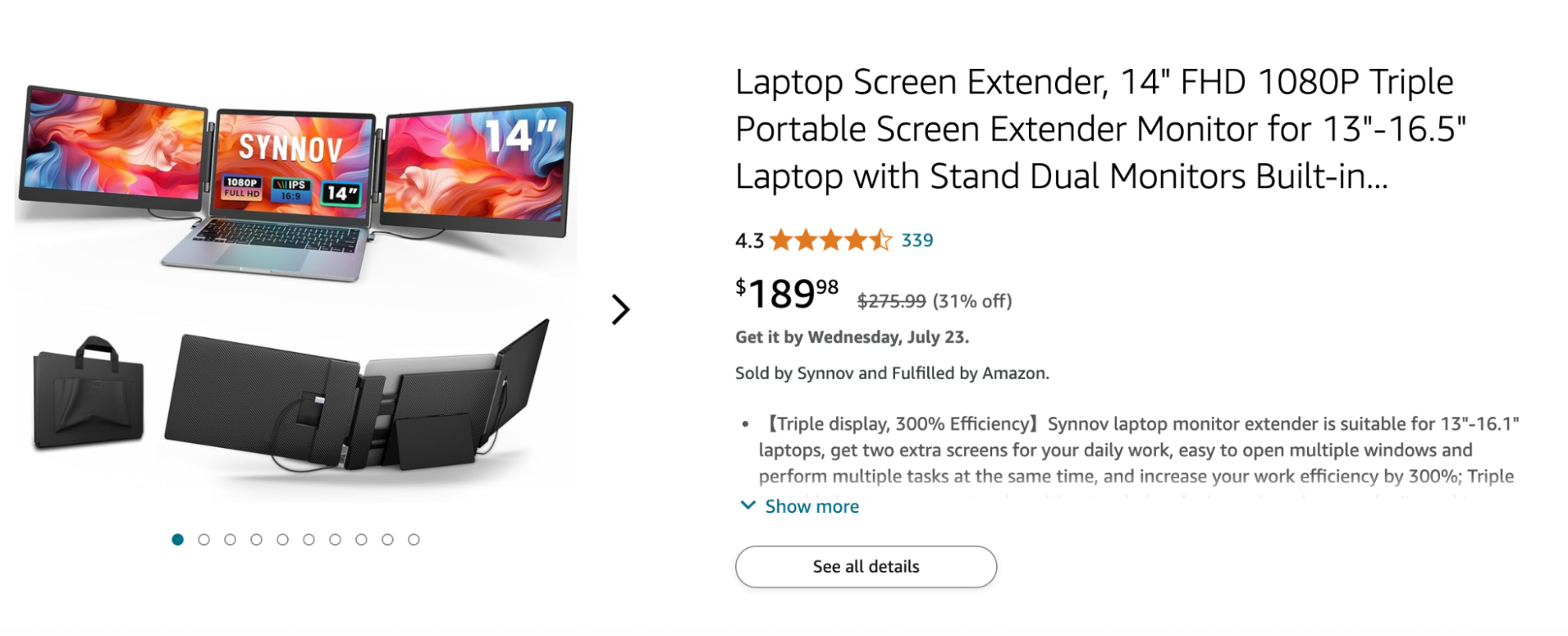 Synnov's 14-inch FHD 1080P triple laptop screen extender offers dual IPS monitors with a built-in stand, designed for 13"–16.5" laptops to enhance multitasking and productivity.