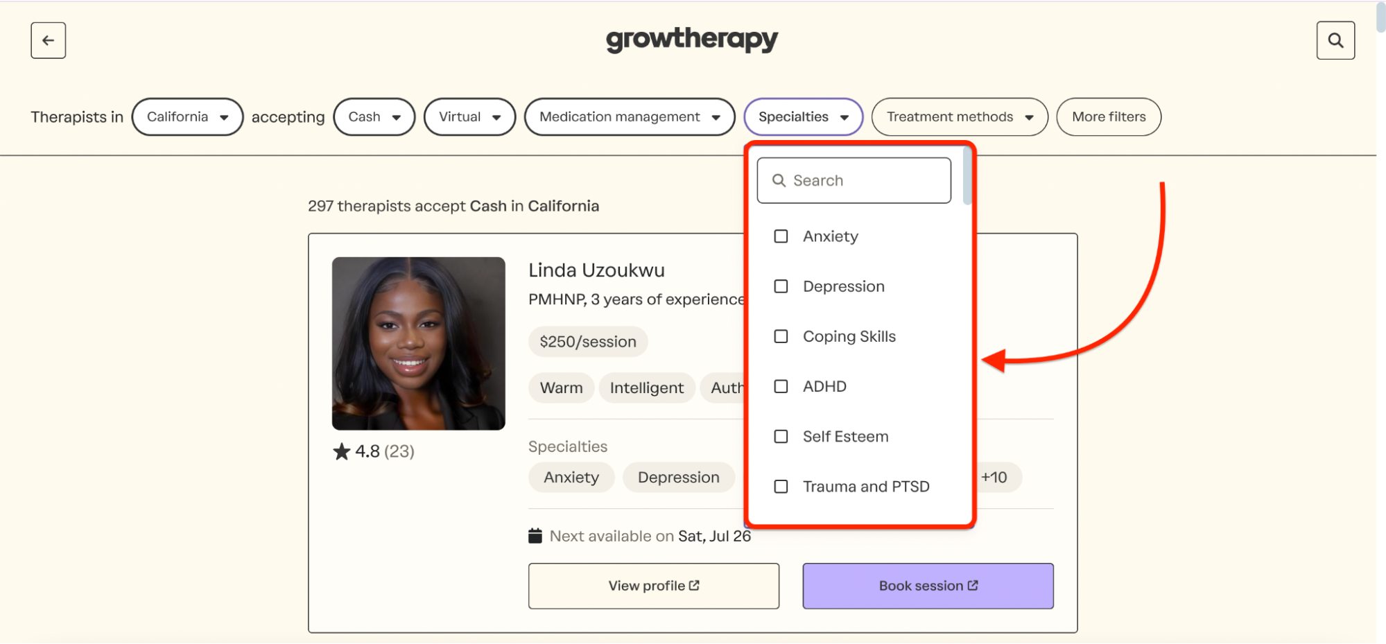 Therapist profile listing for Linda Uzokwu with filters for specialties like Anxiety, Depression, and ADHD highlighted, showing options to book a session, view profile, and refine search results using dropdown menus on the GrowTherapy platform.
