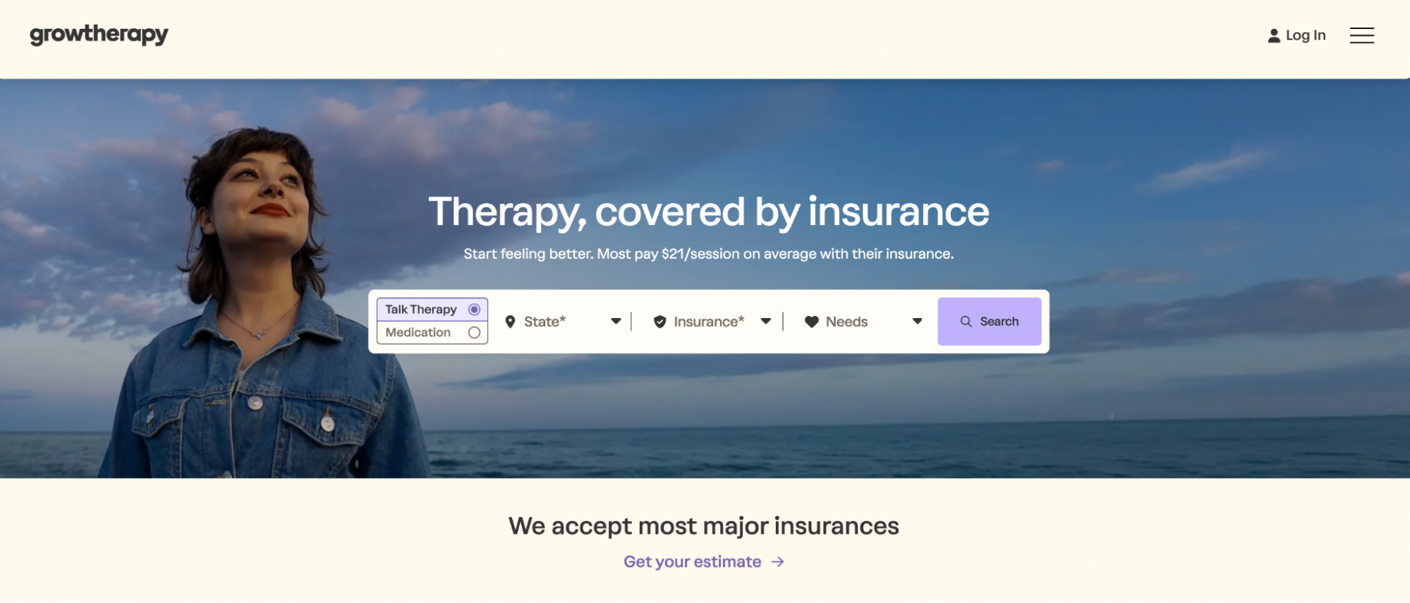 A woman smiles confidently by the ocean with the text "Therapy, covered by insurance" overlaid, alongside a search interface for selecting therapy type, state, insurance, and mental health needs.