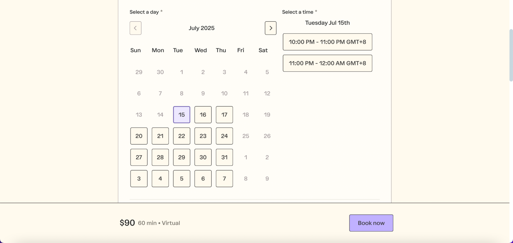 An online calendar booking interface shows a selected virtual therapy session on Tuesday, July 15, 2025, with available time slots from 10:00 PM to 12:00 AM GMT+8 and a session fee of $90 for 60 minutes. Ask ChatGPT Select 61 more words to run Humanizer.