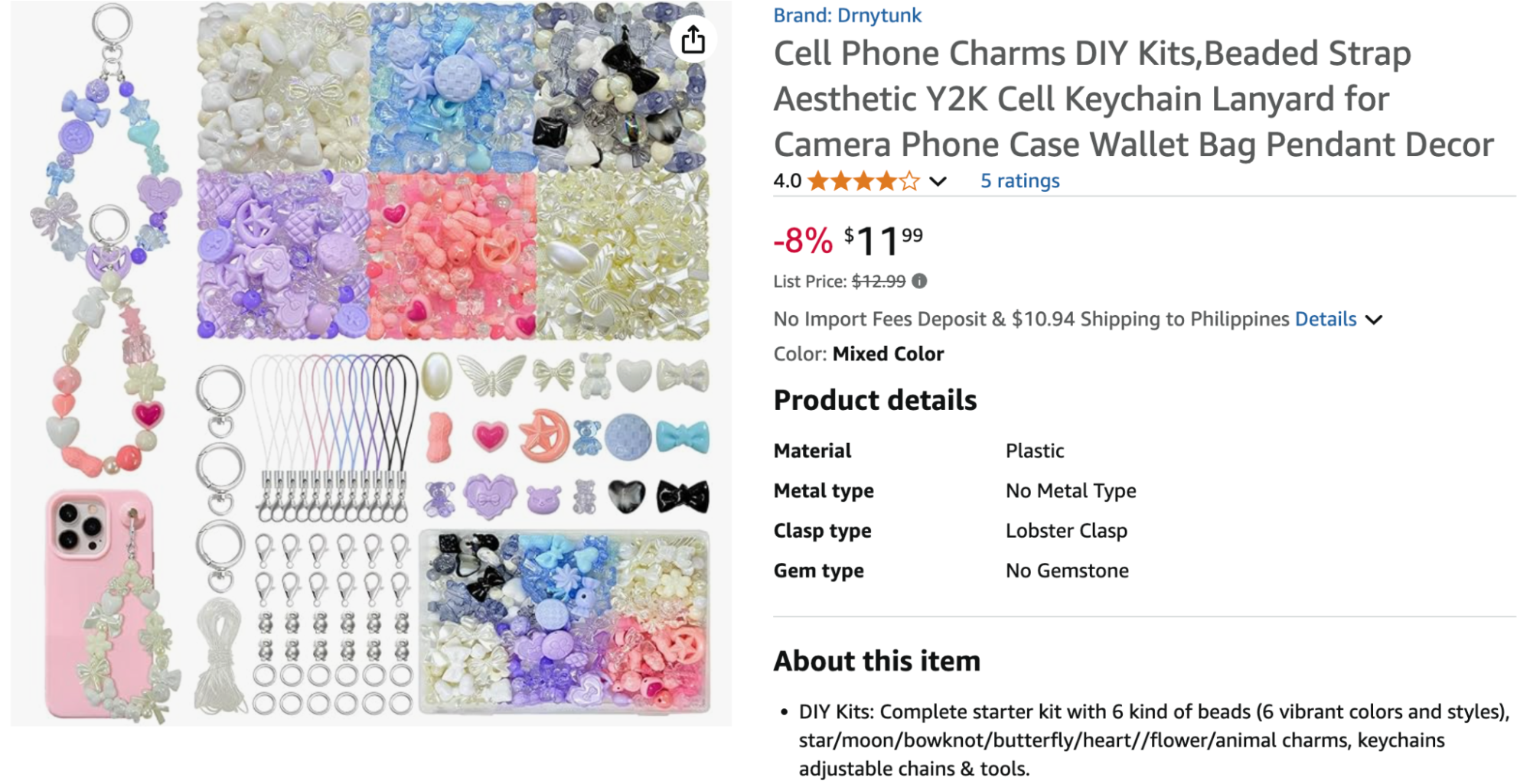 A colorful DIY phone charm kit featuring assorted Y2K-style beads in pastel and vibrant tones, including heart, butterfly, star, and animal shapes. The kit includes lobster clasps, lanyards, and keychain accessories for creating personalized phone straps and bag charms.